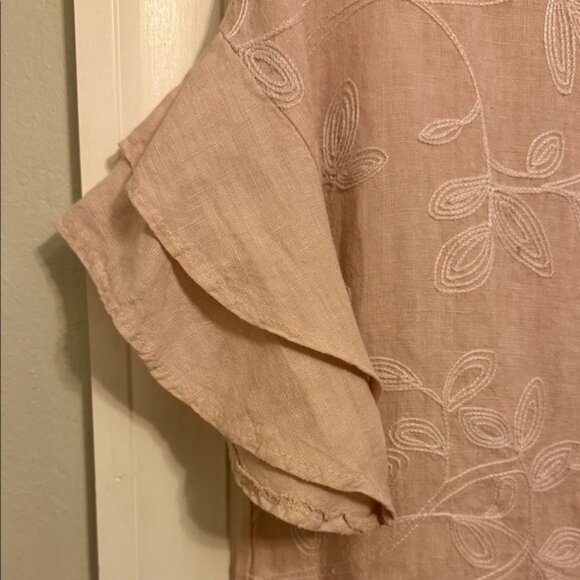 Elegant Floral Soft Pink Blouse 100% Linen #94 - Picture 3 of 8